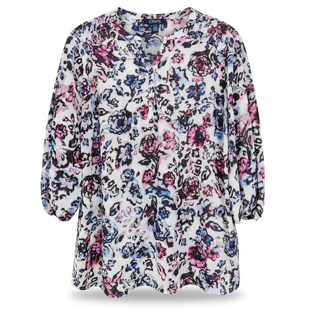 Chaps White Blue Pink Floral Paisley 3/4 Sleeve Blouse Women Size 1X